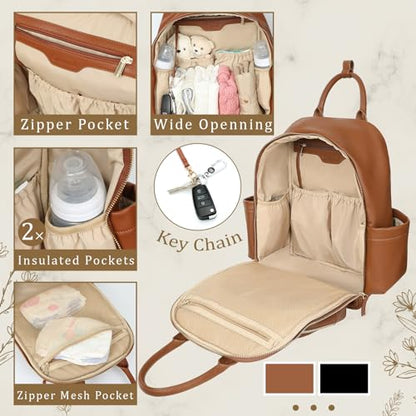 Omanmoli Diaper Bag Backpack Leather Baby Bag Large Travel Diaper Backpack - color: Congac