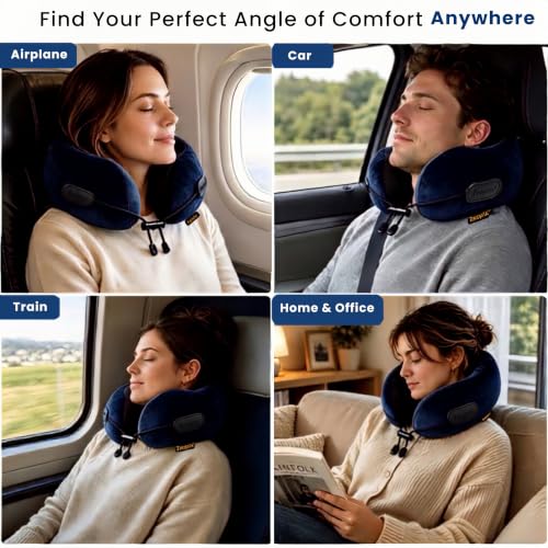 Memory Foam Neck Pillow for Travel, Pillow for Airplane, Navy Blue - color: Navy Blue