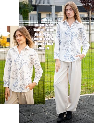HOTOUCH Womens Button Down Shirts Linen Cotton Long Sleeve Blouse Loose Fit - color: B-white Leaves, size: Medium
