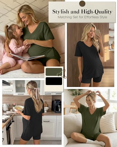 2 Pack Women Maternity Set Pregnancy Outfit - color: Army Green, Black, size: Medium