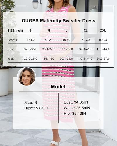 OUGES Women's Sleeveless Striped Bodycon Sweater Maternity Midi Dress - color: Hot Pink White Striped, size: XX-Large
