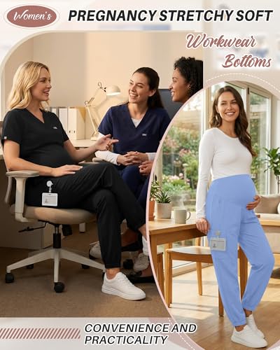 Oakgarden 2 Pack Women's Maternity Scrub Pants Pregnancy Scrubs - color: Black, Light Blue, size: Medium