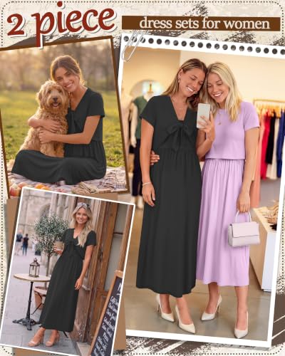 Women's Maxi Sundress Cropped Cardigan Set - color: Black, size: Large