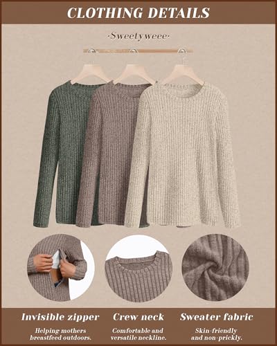 3 Pack Maternity Nursing Ribbed Long Sleeve Tops - color: Army Green, Apricot, Coffee, size: Large