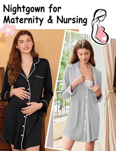 Ekouaer 2 Pack Nightgowns for Women Long Sleeve Button Down Sleep Shirt - color: Black/Light Grey, size: Large