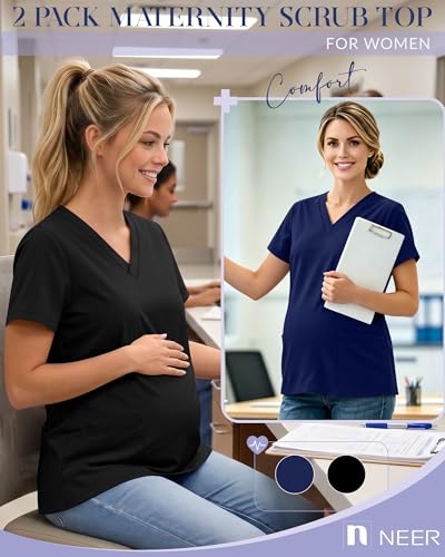 Neer 2 Pack Maternity Scrub Top for Women - color: Navy Blue, Black, size: Large