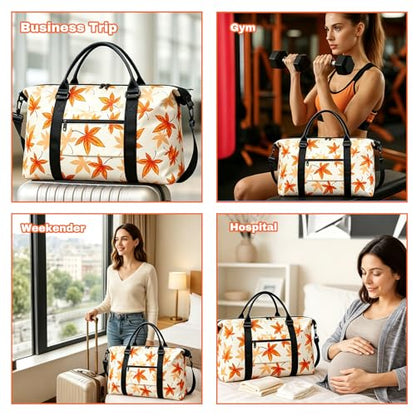 Travel Duffle Bag for Women, Carry On Weekender Tote with Trolley Sleeve - color: Maple Leaf