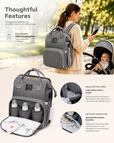 houscly Diaper Bag Backpack with Changing Station, 25L Large Capacity - color: Grey