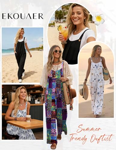 Ekouaer Women's Overalls Loose Fit Summer Boho Jumpsuits Festival Outfits - color: Black, size: Medium