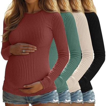 4 Pack Womens Ribbed Maternity Shirts Slim Fit Tops - color: Brick Red, Emerald Green, Apricot, Black, size: Large