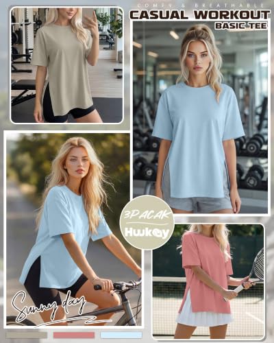Huukeay 3 Pack Women's Oversized T Shirts Workout Tops - color: Bean Paste Pink, Khaki, Light Blue, size: Small
