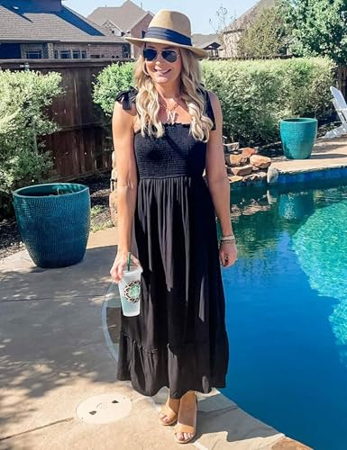 Tobrief Women's Boho Dress Summer Spaghetti Strap Square Neck Flowy Ruffle Beach Long Maxi Dress - color: 02 Black, size: X-Large