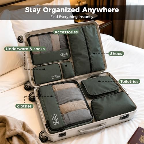 8-Piece Compression Packing Cubes for Travel, Organize Travel Essentials - color: Avocado Green-8 Set