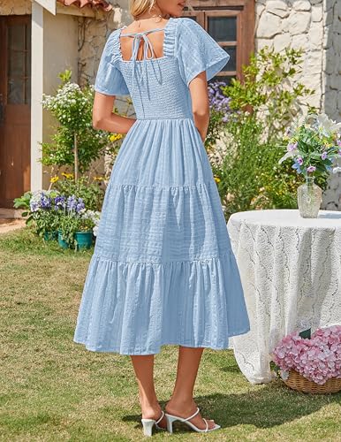 MEROKEETY Womens Summer Midi Dress Short Sleeve Square Neck Boho Long Dress - color: Blue, size: Large