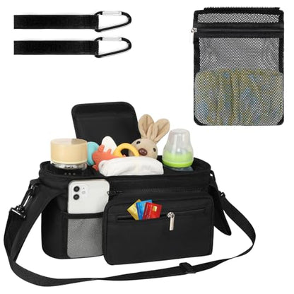 Accmor Universal Stroller Organizer with Insulated Cup Holder - color: All Black/Detachable Diaper Pocket