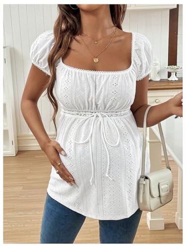 MakeMeChic Women's Maternity Blouse Tops Cute Shirt White Babydoll Tops - color: White, size: X-Small