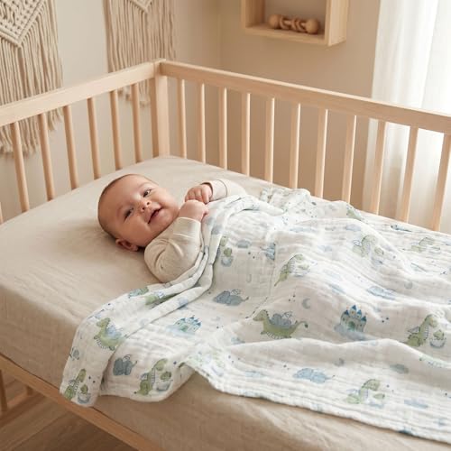 Muslin Swaddle Blankets for Newborn, Cotton Receiving Blanket - color: Blue Dinosaur