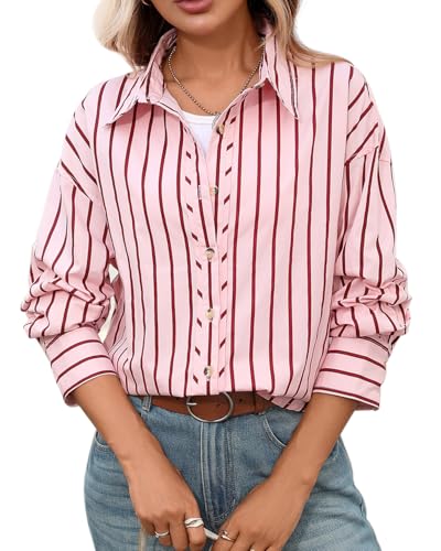 CHYRII Women's Striped Button Down Long Sleeve Blouse - color: Red-7185, size: XX-Large