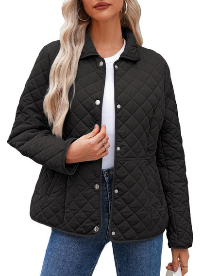 Dokotoo Women's Winter Quilted Jackets Long Sleeve Button Down Diamond Puffer Jacket Outerwear Coats with Pockets - color: Black, size: Medium