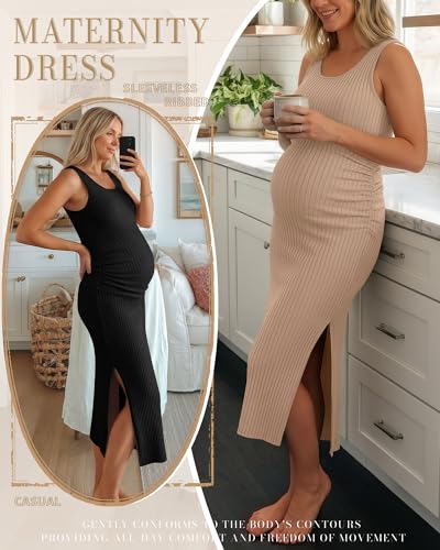 2 Pack Womens Split Long Maternity Dress - color: Light Khaki, Black, size: Medium