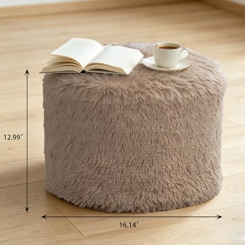 LPMOERA Round Portable Storage Ottoman Pouf, Faux Fur Foot Rest Stool Camel - color: Camel