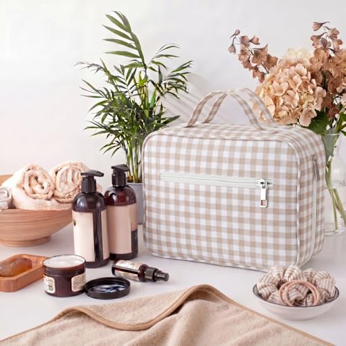 Klyyo Hanging Toiletry Bag for Women, Gingham, Brown - color: Brown