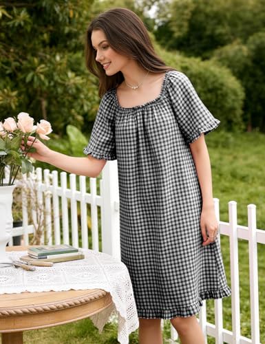Flygo Womens Gingham Nightgown Cotton Pullover House Dress with Pockets - color: Black, size: Small