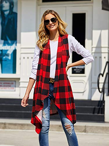 Ivay Womens Plaid Open Front Sweaters Sleeveless Duster Cardigans Drape Lightweight Vest Coat with Pockets - color: Red, size: X-Large
