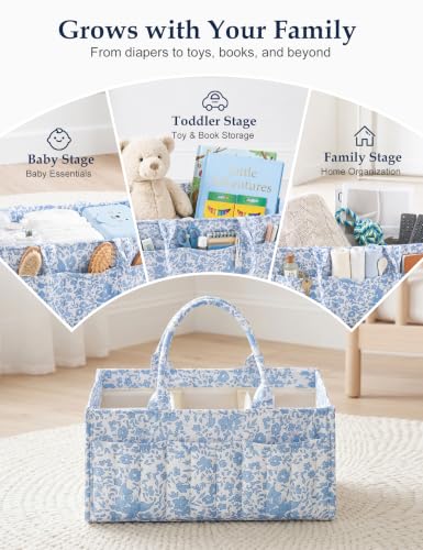 Quilted Diaper Caddy Organizer with Handle, Portable Nursery Storage Basket - color: Blue‌ Flower