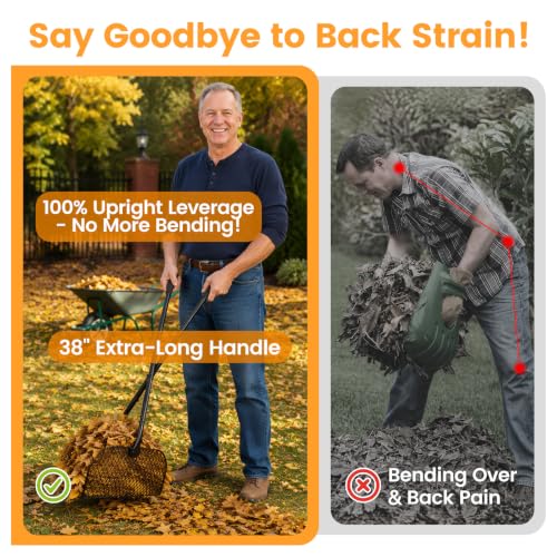 Leaf Grabber Rake with Long Handle, Heavy Duty Metal Leaf Picker Upper and Grass Collector, Upright Lawn Debris Pickup Tool with Upgraded Lock Nuts for Yard Cleanup, No Bending Over