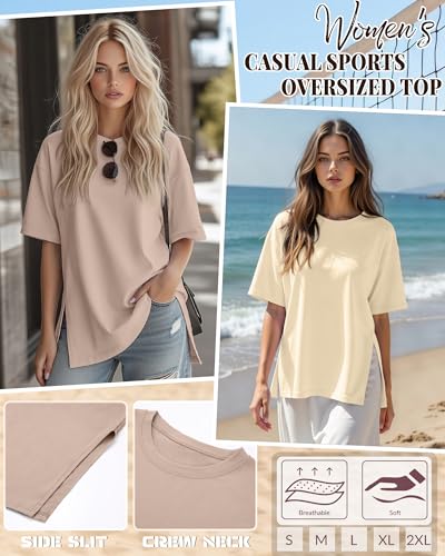 Huukeay 3 Pack Women's Oversized T Shirts Workout Tops - color: Apricot, Wine Red, Gray Khaki, size: Small