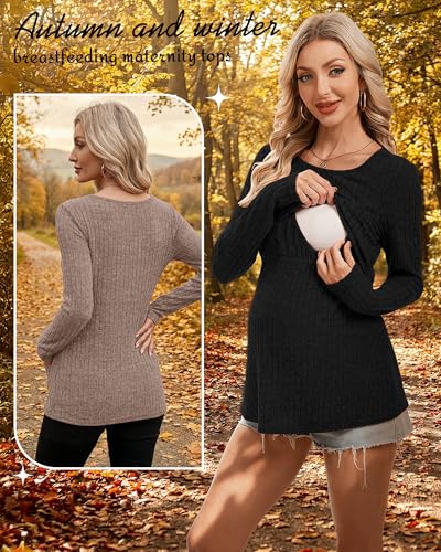 Cutecrop 3 Pack Women Maternity Tops Long Sleeve Pregnancy Shirts Double Front Layer Nursing Breastfeeding Postpartum Clothes - color: Black/Khaki/Coffee, size: Large