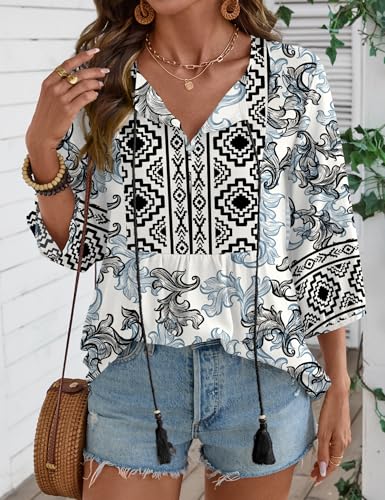 Rapbin Women Summer Boho Tops 3/4 Sleeve Pleated Blouses Casual V Neck Tie Front Spring Tunic Tops - color: Black Flower, size: Large