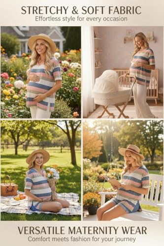 Ekouaer Maternity Shirts 3 Pack Oversized Pregnancy Tops Summer Clothes - color: 3 Pcs Black/ White/ Pink Stripe, size: Medium