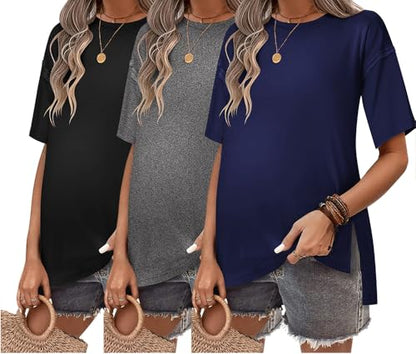 Ekouaer Maternity Shirts 3 Packs Short Sleeve Split Side Pregnancy Tops - color: Black/Dark Gray/Navy Blue, size: XX-Large
