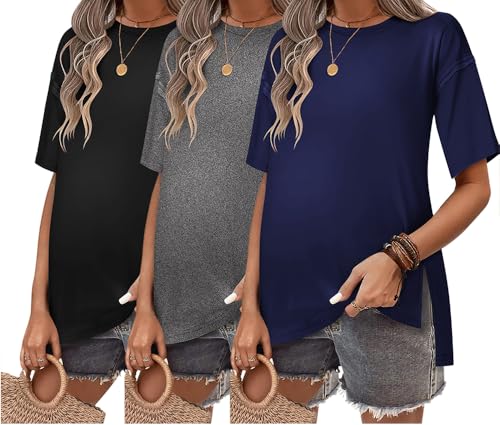 Ekouaer Maternity Shirts 3 Packs Short Sleeve Split Side Pregnancy Tops - color: Black/Dark Gray/Navy Blue, size: X-Large