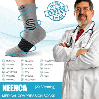 NEENCA Professional Compression Socks for Women Men Circulation, 20-30 mmHg - color: Gray Black, size: Small