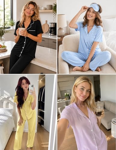 Womens Pajamas Sets 2 Piece Button Up Pj Sets Short Sleeve with Long Pant - color: Bean Pastes, size: X-Small