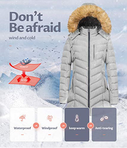 CREATMO US Women's Winter Hooded Coat Waterproof Warm Long Puffer Jacket Parka - color: Grey, size: Small