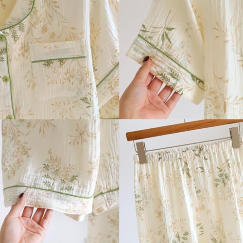 codcm Womens 3pcs Cotton Pajamas Set Short Sleeve Sleepwear Fruit Print Cute Pj Set with Long Pants - color: Flower04, size: Small