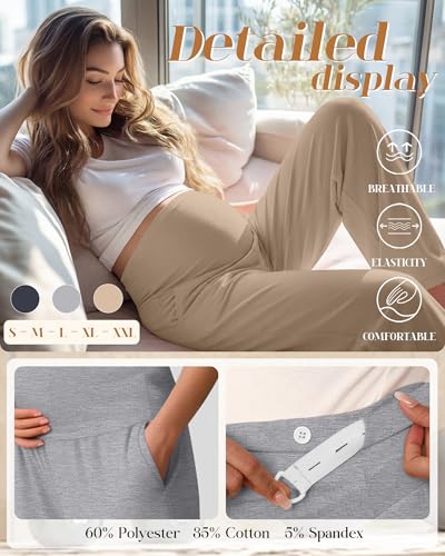 3 Pack Women's Maternity Lounge Pants with Pockets - color: Dark Gray, Light Gray, Khaki, size: Small