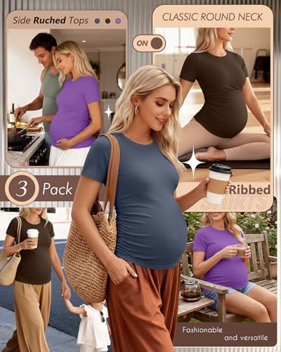 Ficerd 3 Pack Women's Short Sleeve Maternity Shirts - color: Haze Blue, Coffee, Purple, size: XX-Large