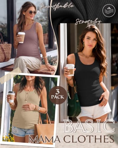 Riyiper 3 Pack Women's Maternity Tank Tops - color: Black, Khaki, Gray Purple, size: Medium