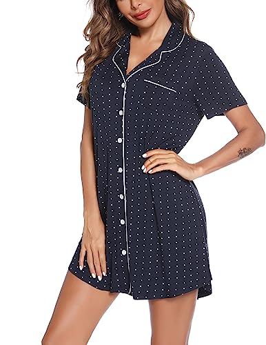 Pjmlifecoco Women's Button Down Nightgown Short Sleeve Sleep Shirt - color: Navy Blue With Dots, size: XX-Large