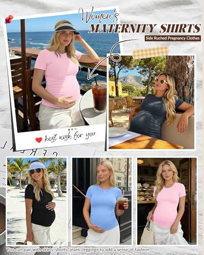 Huukeay 4 Pack Women's Short Sleeve Maternity Tops - color: Black, Pink, Light Blue, Dark Gray, size: Small