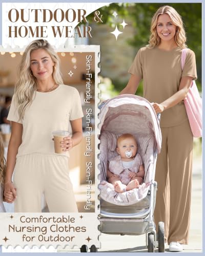 Ficerd 2 Pack Maternity Nursing Pajama Breastfeeding Sets Pjs - color: Cream, Apricot, size: Medium