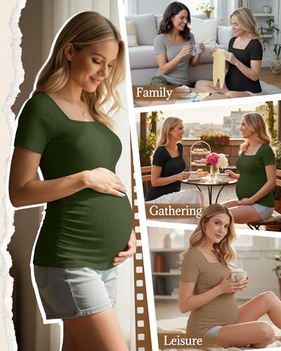 Huukeay 4 Pack Women's Short Sleeve Maternity Shirts - color: Black, Heather Gray, Khaki, Army Green, size: Small