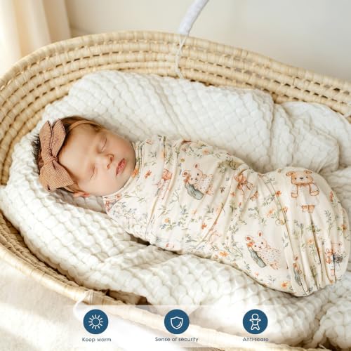 GRSSDER 3-Pack Ultra Soft Stretchy Jersey Knit Baby Swaddle Blankets, 33x44 - color: Bloom Bun & Gingham Check & Beige