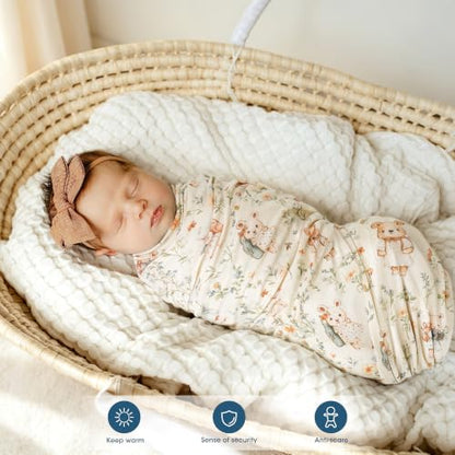 GRSSDER 3-Pack Ultra Soft Stretchy Jersey Knit Baby Swaddle Blankets, 33x44 - color: Bloom Bun & Gingham Check & Beige
