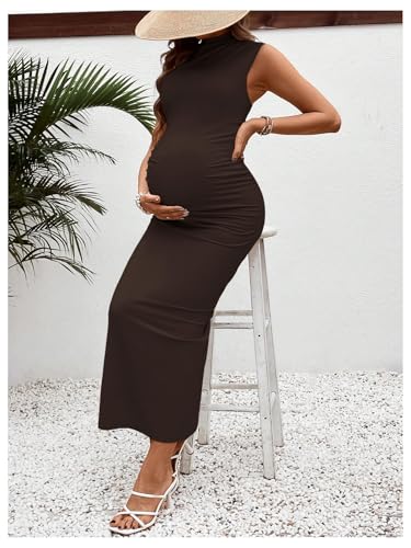OYOANGLE Women's Maternity Mock Neck Sleeveless Ruched Bodycon Maxi Dress - color: Deep Brown, size: Medium